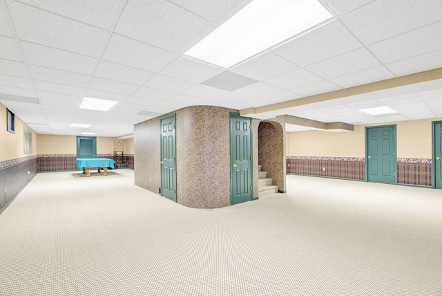 basement with pool table, carpet flooring, and a drop ceiling