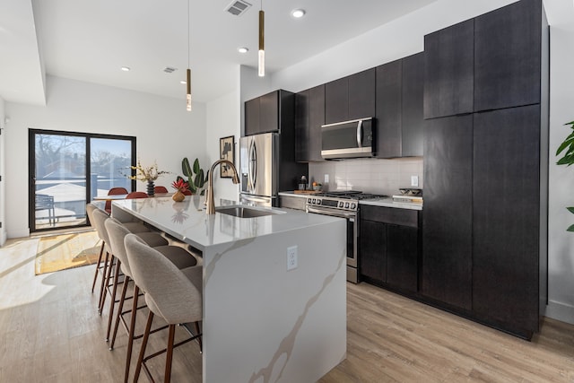 kitchen featuring a kitchen island with sink, pendant lighting, light wood-type flooring, and appliances with stainless steel finishes