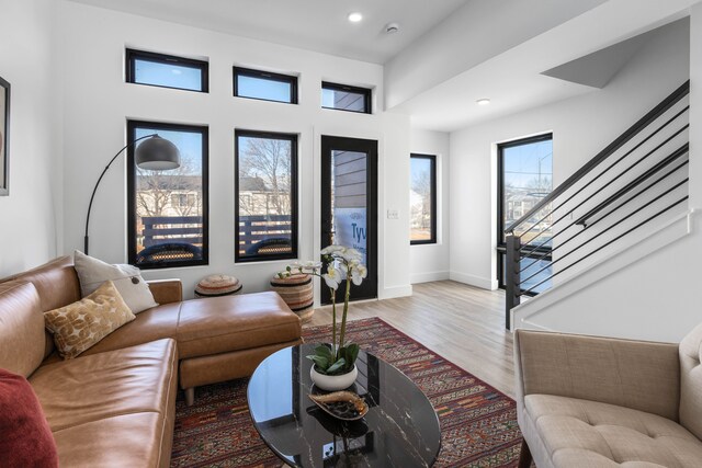 living room featuring light hardwood / wood-style floors and a healthy amount of sunlight