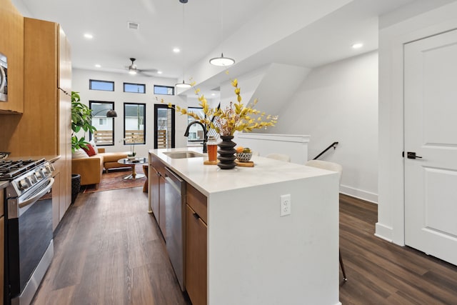 kitchen featuring pendant lighting, sink, appliances with stainless steel finishes, dark hardwood / wood-style floors, and an island with sink