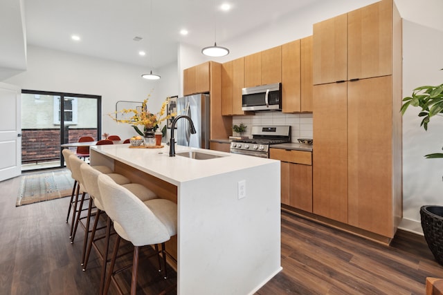 kitchen featuring sink, backsplash, stainless steel appliances, dark hardwood / wood-style floors, and an island with sink