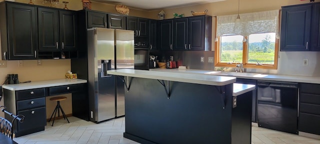 kitchen with a kitchen bar, stainless steel fridge with ice dispenser, black dishwasher, and sink