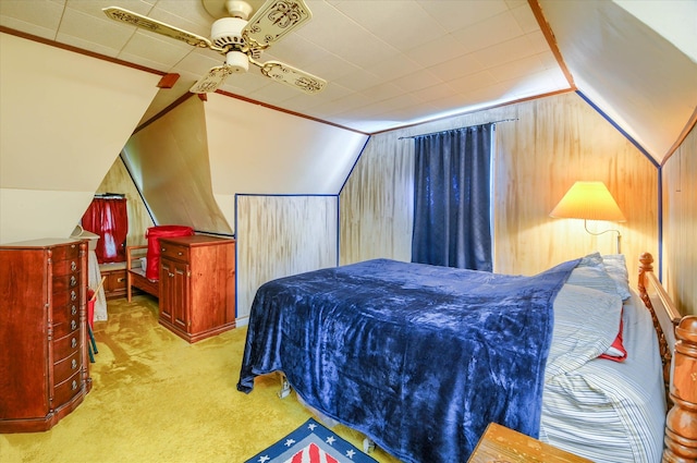 carpeted bedroom featuring ceiling fan and lofted ceiling