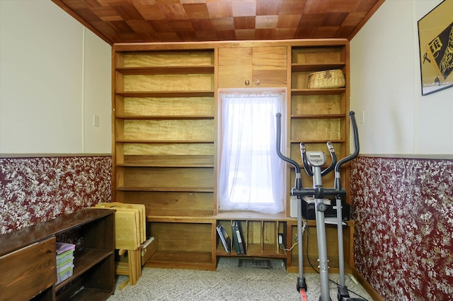 interior space featuring wooden ceiling