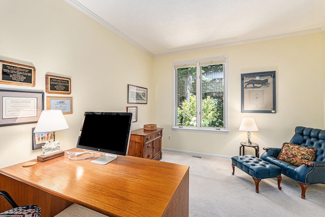 carpeted office featuring ornamental molding