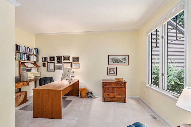 home office with crown molding, plenty of natural light, and light carpet