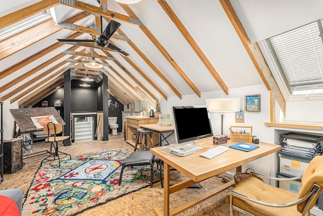 carpeted home office with vaulted ceiling and ceiling fan