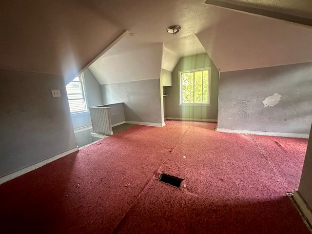 additional living space featuring carpet floors, vaulted ceiling, and a healthy amount of sunlight