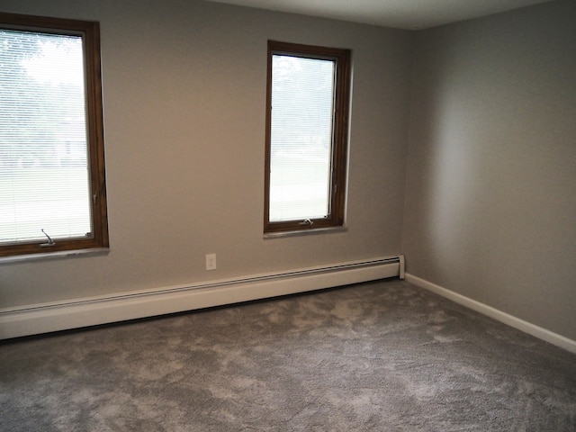 carpeted empty room with baseboard heating