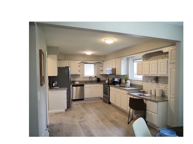 kitchen with a wealth of natural light, light hardwood / wood-style flooring, appliances with stainless steel finishes, and tasteful backsplash