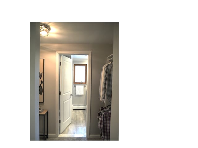 bathroom featuring vanity, hardwood / wood-style flooring, and baseboard heating