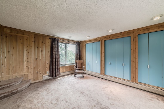 interior space with carpet flooring, wood walls, and a textured ceiling