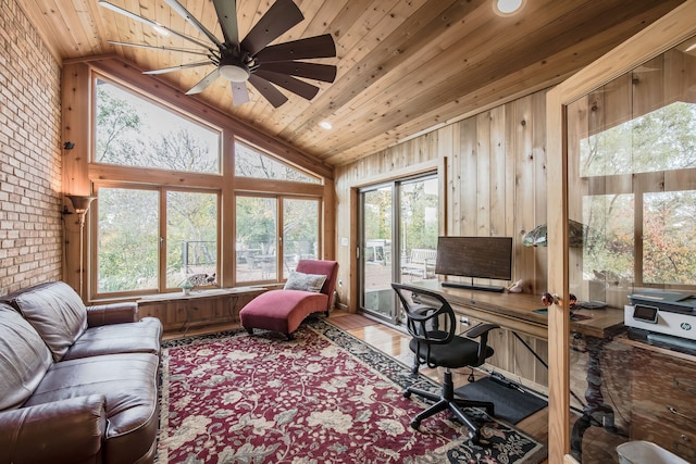 home office featuring ceiling fan, wood walls, wooden ceiling, and vaulted ceiling