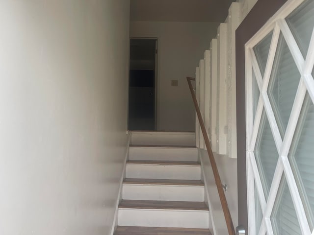 staircase with hardwood / wood-style flooring