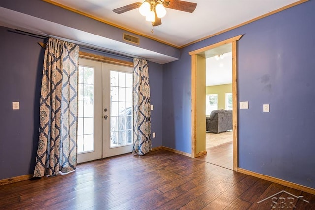 interior space featuring french doors, dark hardwood / wood-style flooring, ceiling fan, and ornamental molding