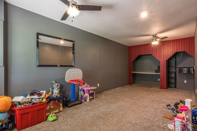 game room featuring carpet flooring and ceiling fan