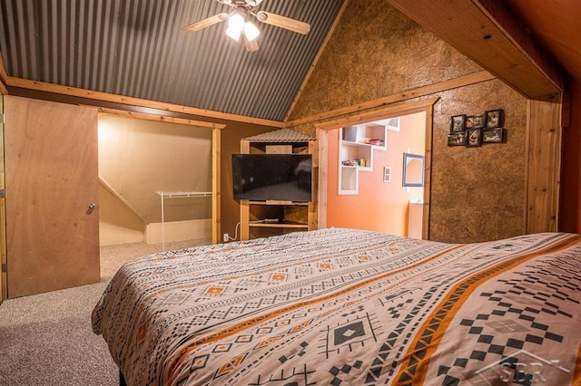 bedroom with beam ceiling, carpet floors, high vaulted ceiling, and ceiling fan