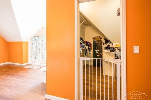 interior space featuring hardwood / wood-style floors and lofted ceiling