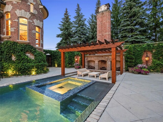 2756 Turtle Bluff Dr, Bloomfield Hills, MI 48302 - view of swimming pool featuring a patio, a pergola, a pool with connected hot tub, and an outdoor stone fireplace