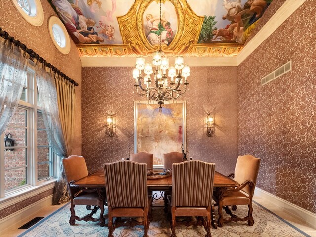 2756 Turtle Bluff Dr, Bloomfield Hills, MI 48302 - dining room with a chandelier, wallpapered walls, baseboards, and crown molding