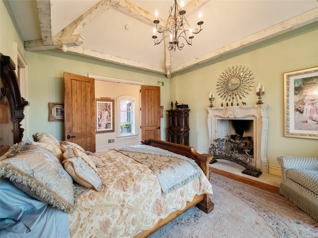 bedroom featuring beamed ceiling, wood-type flooring, and a notable chandelier