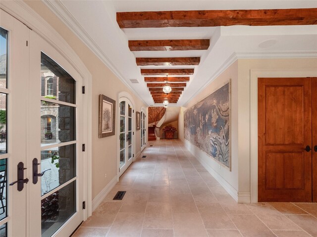 2756 Turtle Bluff Dr, Bloomfield Hills, MI 48302 - hallway with french doors, beam ceiling, and baseboards
