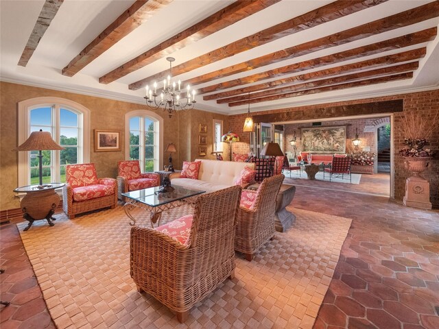2756 Turtle Bluff Dr, Bloomfield Hills, MI 48302 - living area featuring a chandelier and beamed ceiling