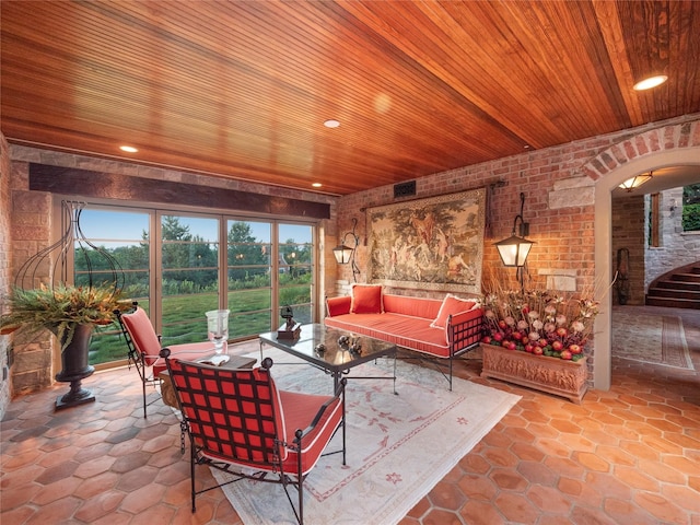 living room with wood ceiling