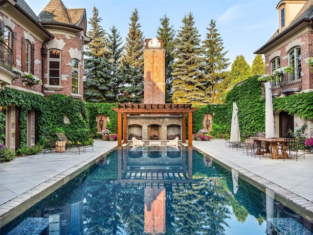 view of pool with an outdoor stone fireplace and a patio area