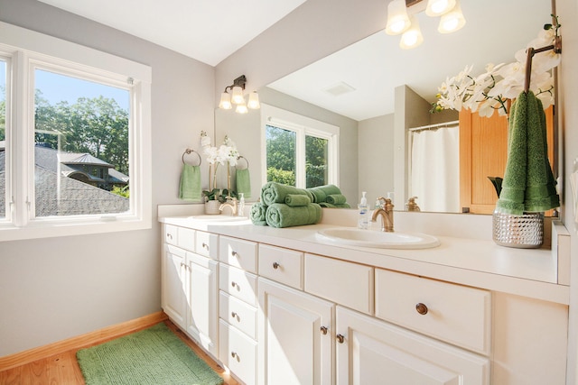 bathroom with vanity, hardwood / wood-style flooring, and curtained shower