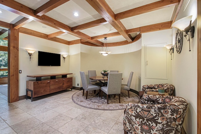 dining area with beamed ceiling and coffered ceiling