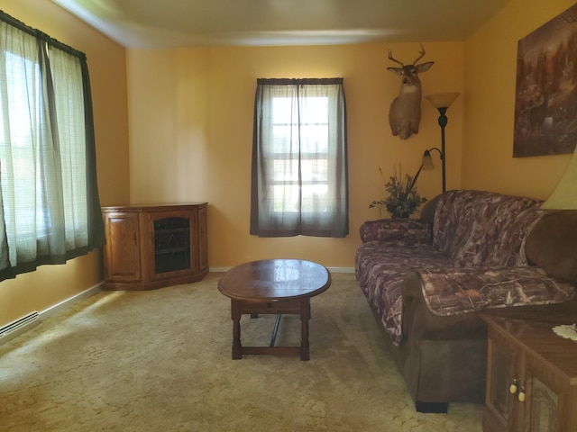 living area with baseboards, baseboard heating, and carpet flooring