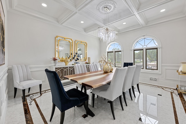 tiled dining room with crown molding, beamed ceiling, coffered ceiling, and a notable chandelier