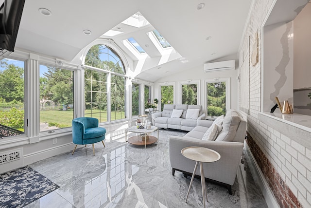 sunroom / solarium featuring a wall mounted AC, lofted ceiling with skylight, and plenty of natural light