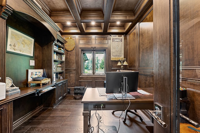 home office featuring beam ceiling, coffered ceiling, dark hardwood / wood-style flooring, wooden walls, and ornamental molding