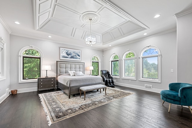 bedroom featuring multiple windows, crown molding, and dark hardwood / wood-style floors