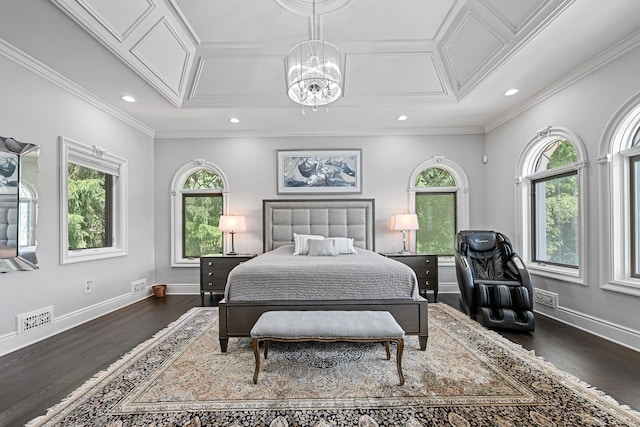 bedroom featuring crown molding, dark wood-type flooring, and a notable chandelier