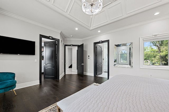 bedroom with dark hardwood / wood-style flooring and ornamental molding