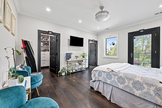 bedroom featuring access to exterior, dark wood-type flooring, and ornamental molding