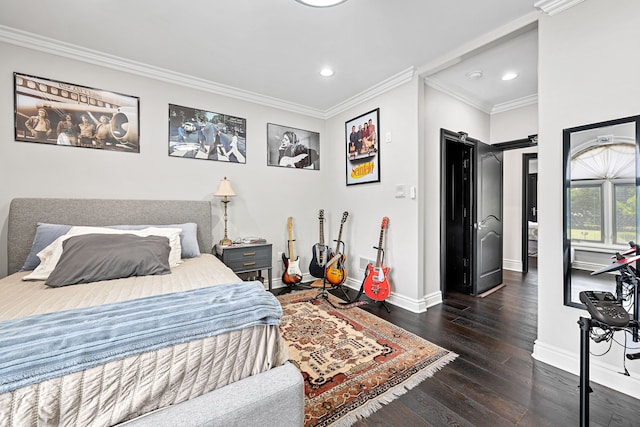 bedroom featuring dark hardwood / wood-style flooring and ornamental molding