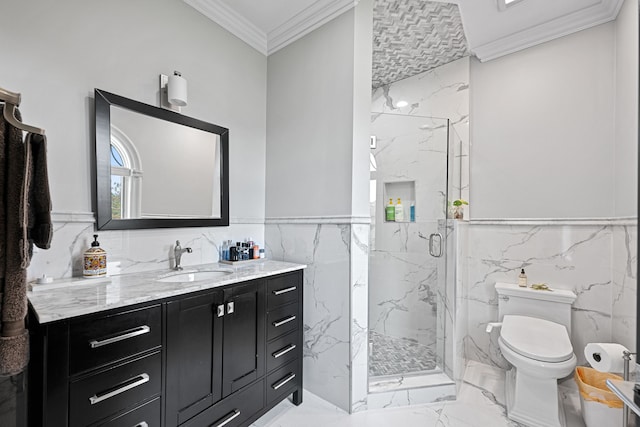 bathroom featuring an enclosed shower, vanity, toilet, and tile walls