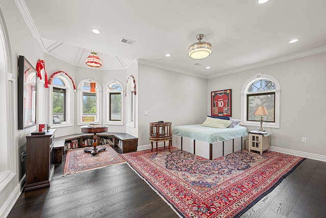 bedroom with dark hardwood / wood-style floors and crown molding