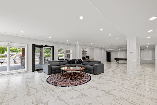 living room featuring ornamental molding, french doors, pool table, and decorative columns