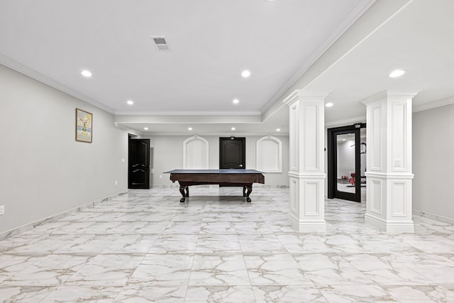 rec room with ornate columns, billiards, and ornamental molding