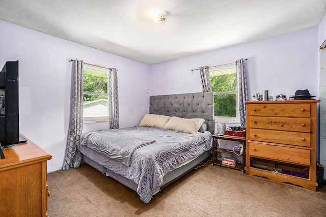 bedroom with light colored carpet