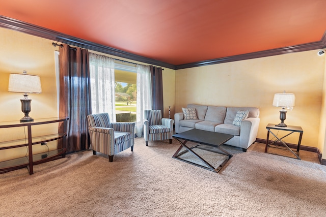 carpeted living room featuring ornamental molding