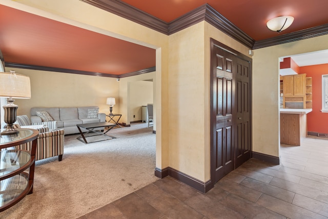 18230 Rainbow Dr, Lathrup Village, MI 48076 - hallway featuring ornamental molding, baseboards, and dark carpet