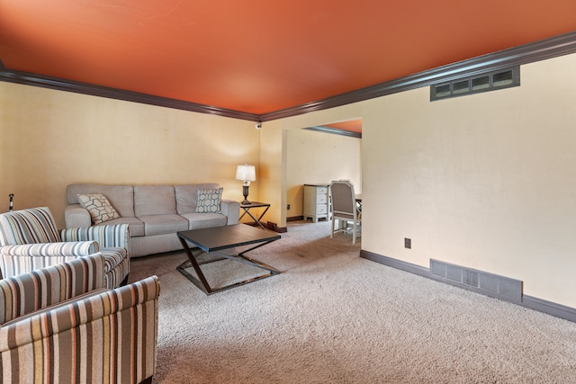 carpeted living room with ornamental molding