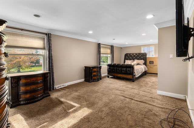 carpeted bedroom with crown molding