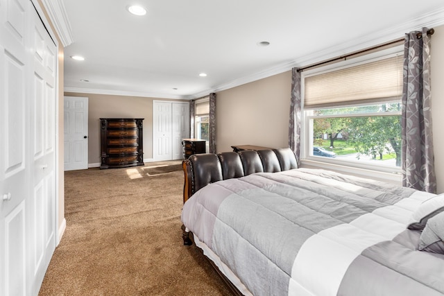 18230 Rainbow Dr, Lathrup Village, MI 48076 - bedroom featuring carpet, ornamental molding, recessed lighting, a closet, and baseboards